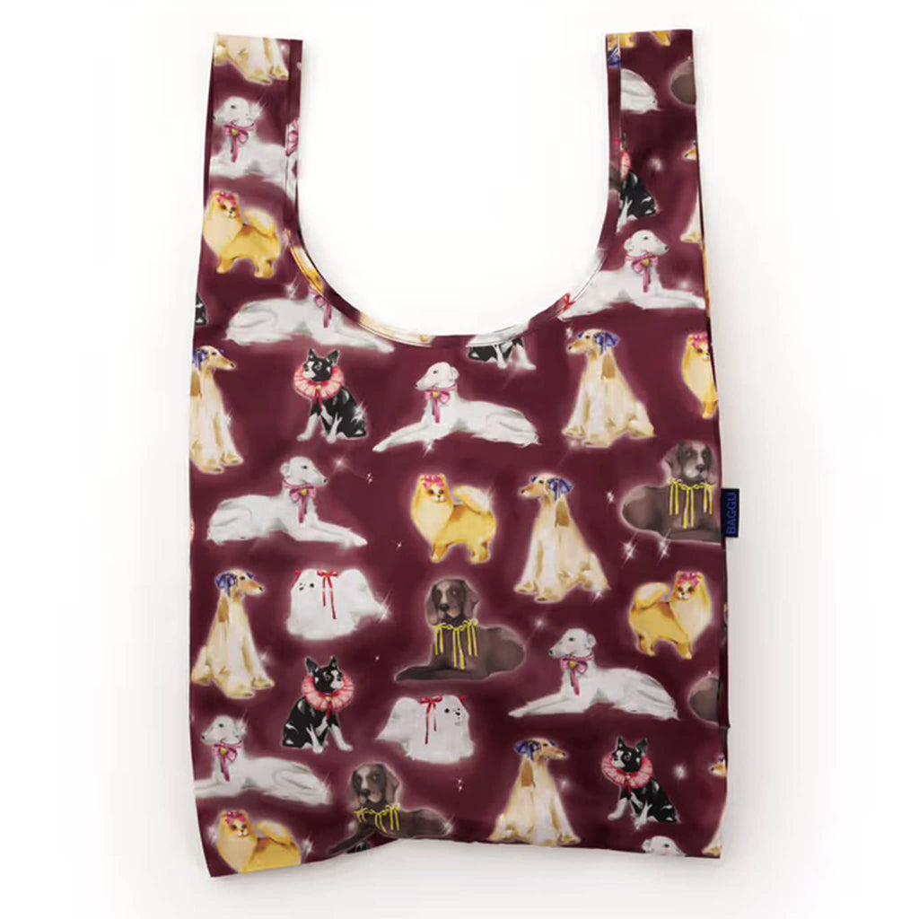 Reusable maroon shopping bag with dog pattern on a white background.