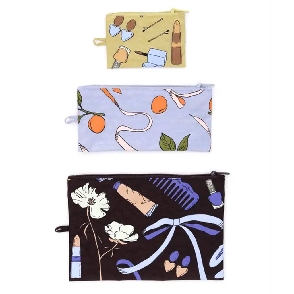 Baggu flat zipper pouch trio in Get Ready With Me collection prints, flat.