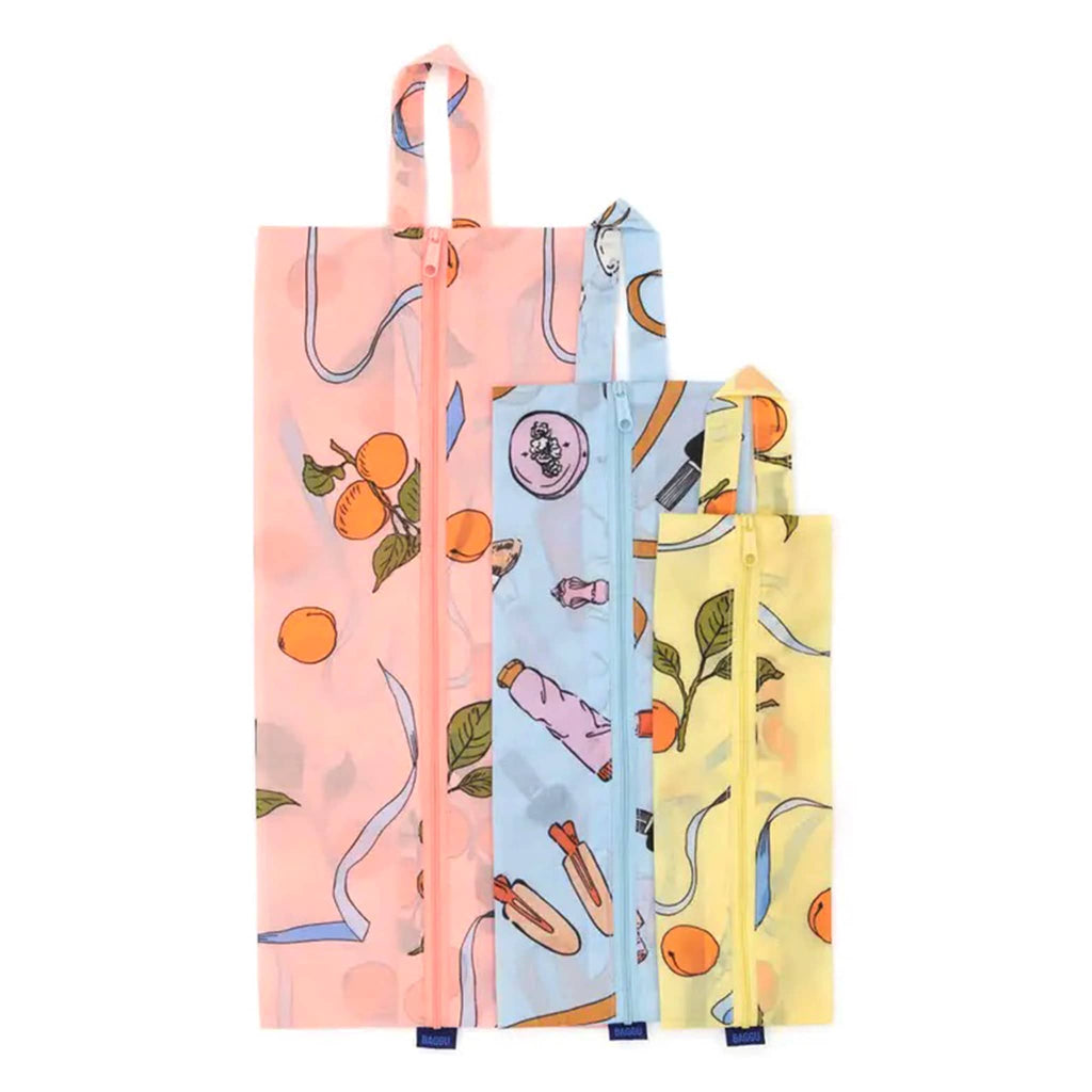 Baggu 3D zip set trio in Get Ready With Me collection prints, flat.