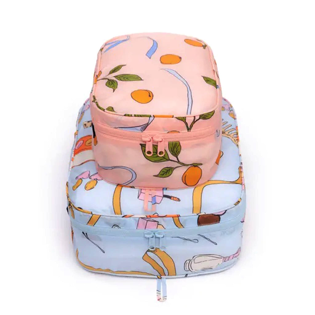 Baggu Packing Cube Set of 2 in Get Ready With Me collection prints, stuffed and stacked.