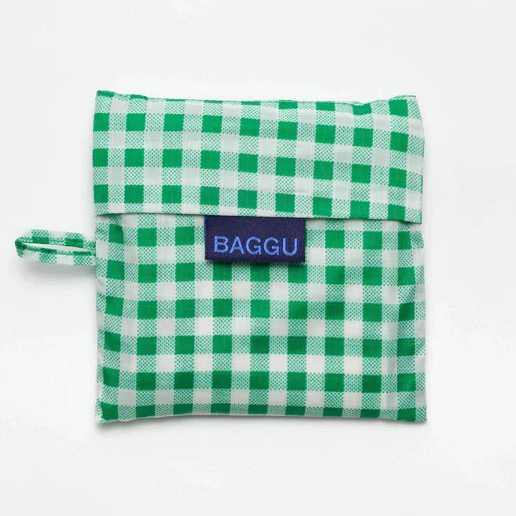 Baggu standard size eco-friendly recycled ripstop nylon reusable tote bag with green and white gingham, in matching pouch.