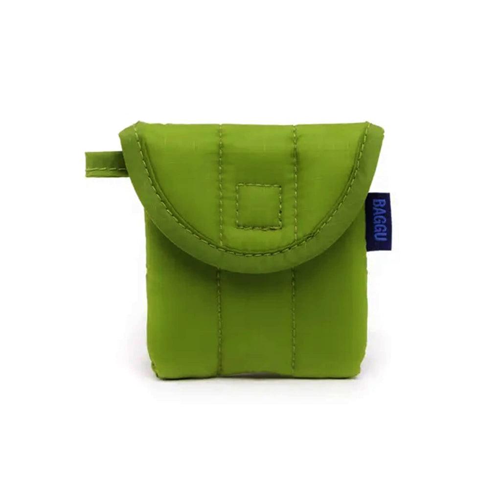 Baggu puffy earbuds case in green juice color, front view.