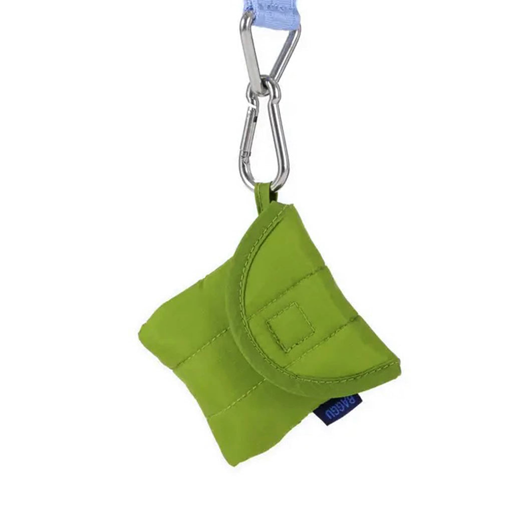 Baggu puffy earbuds case in green juice color, hanging from a metal carabiner.