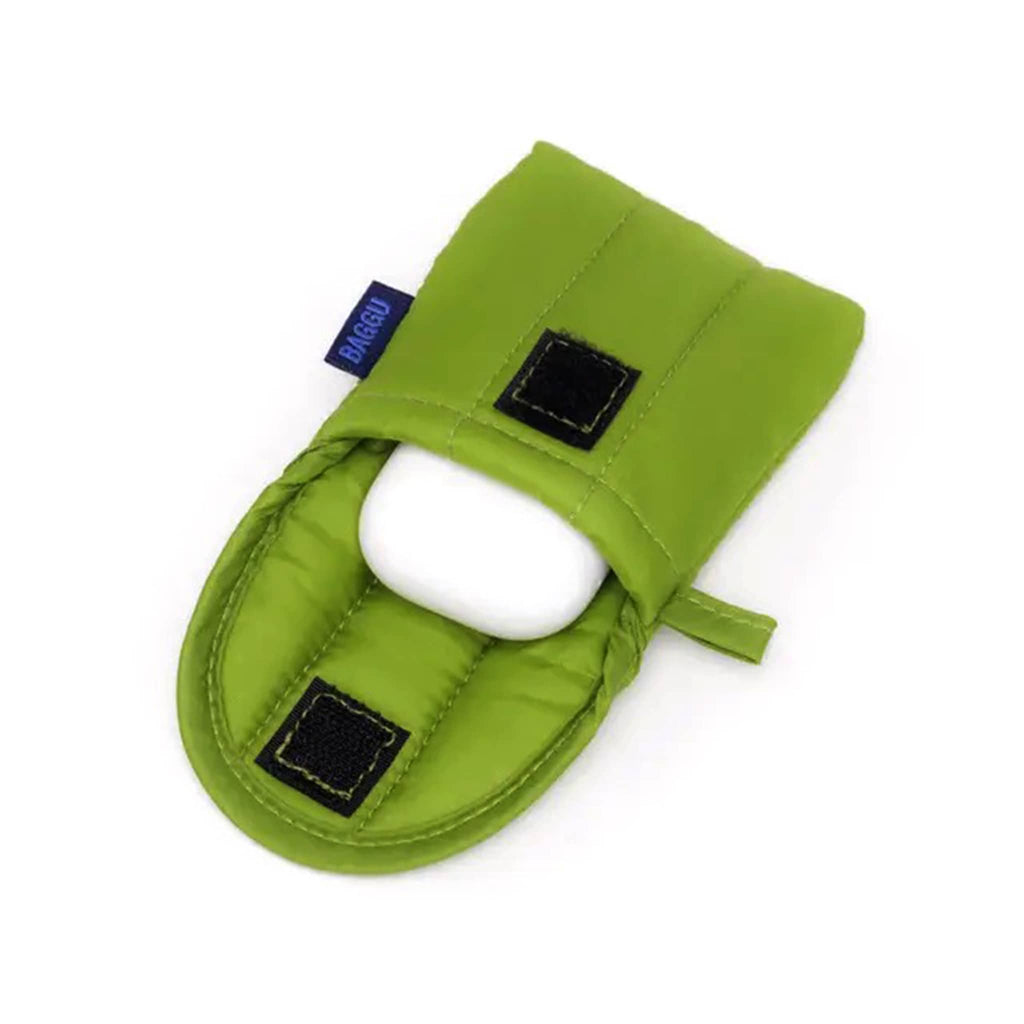 Baggu puffy earbuds case in green juice color, open with airpods coming out.