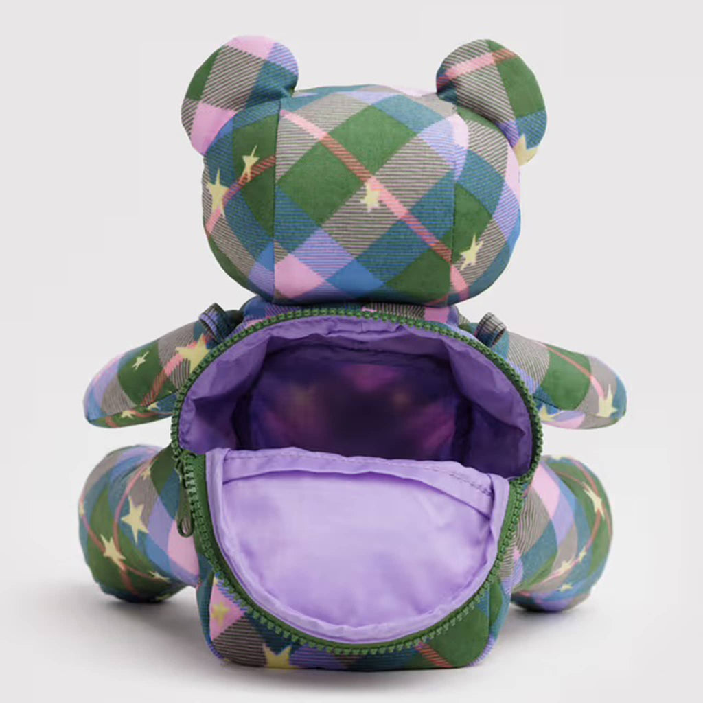 Baggu Bear shaped crossbody nylon bag with Green Star Plaid print, back view, unzipped, on a white background.