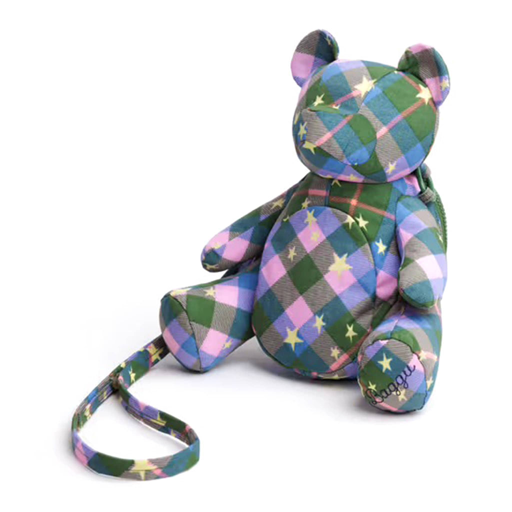 Baggu Bear shaped crossbody nylon bag with Green Star Plaid print, front angle view on a white background.