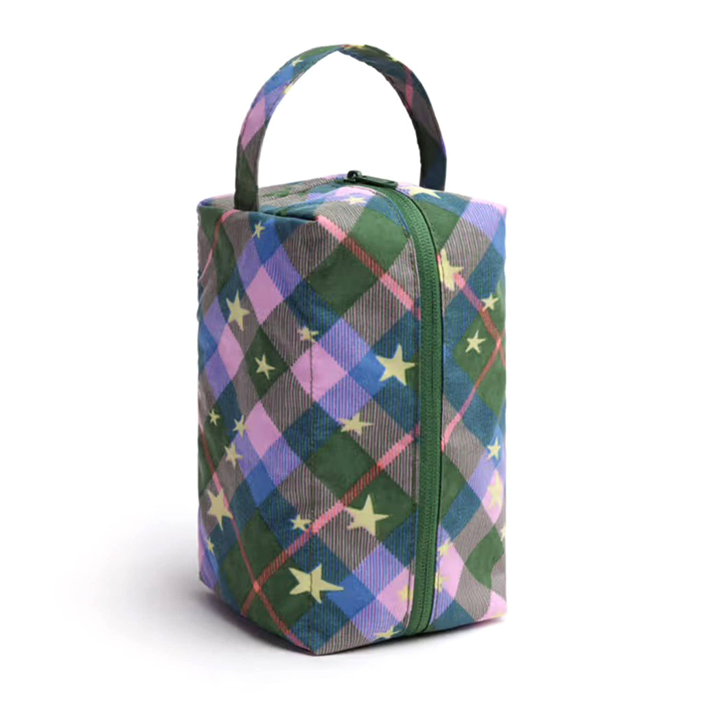 Baggu Green Star Plaid Dopp Kit, standing upright with handle on a white background.