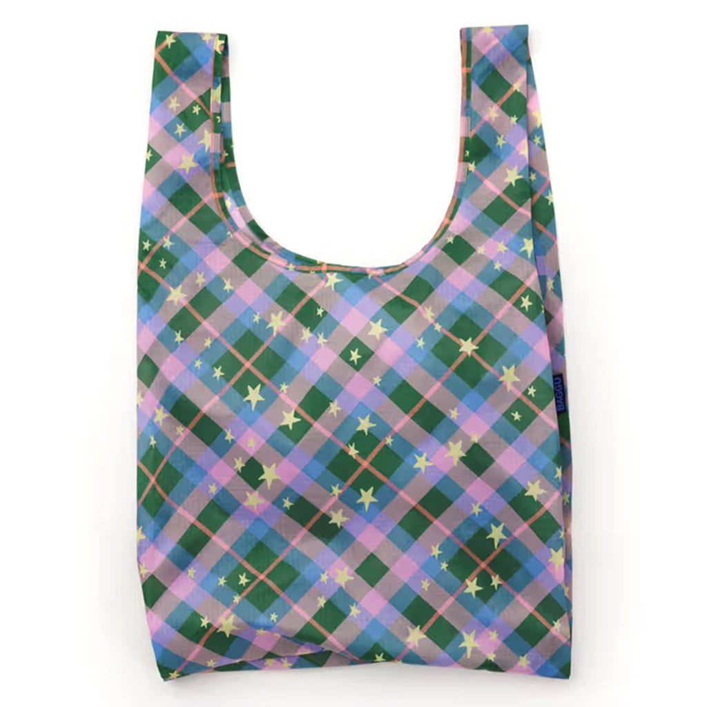 Reusable shopping bag with a plaid pattern on a white background.