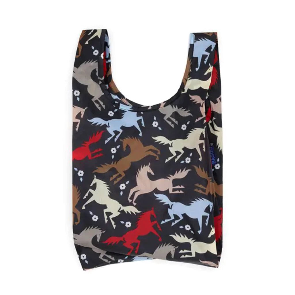 Reusable bag with horse pattern on a black backdrop, on a white background.