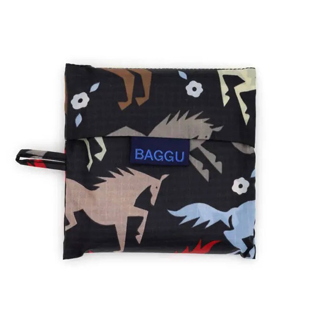 Reusable bag with animal pattern in matching pouch with BAGGU' logo on a white background.