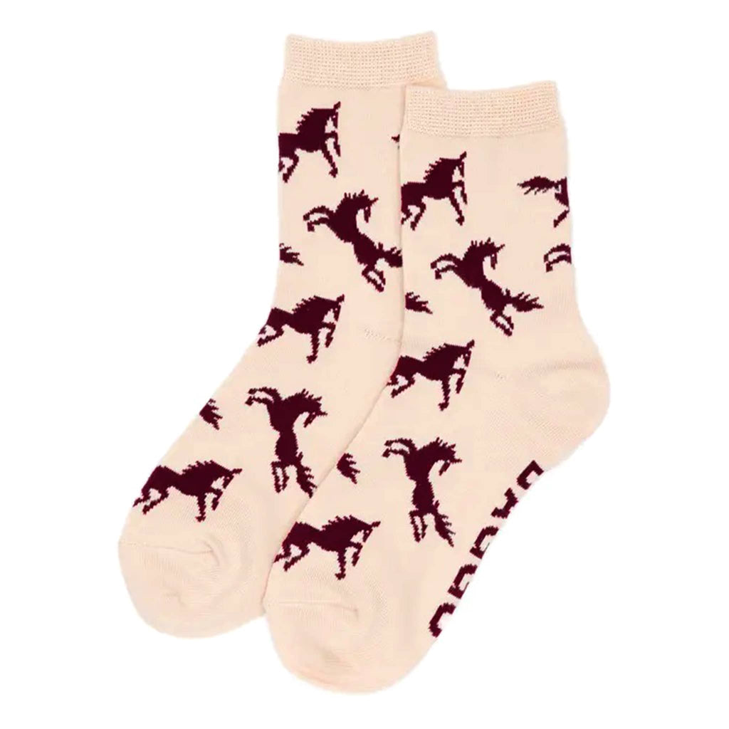 Pale pink socks with burgundy horse patterns on a white background.