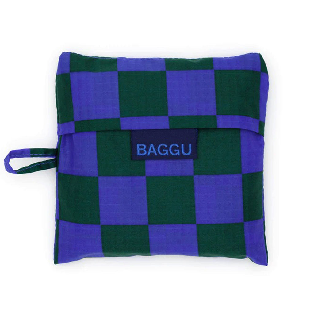 Baggu standard size eco-friendly recycled ripstop nylon reusable tote bag in Iris Green Check, in matching pouch.