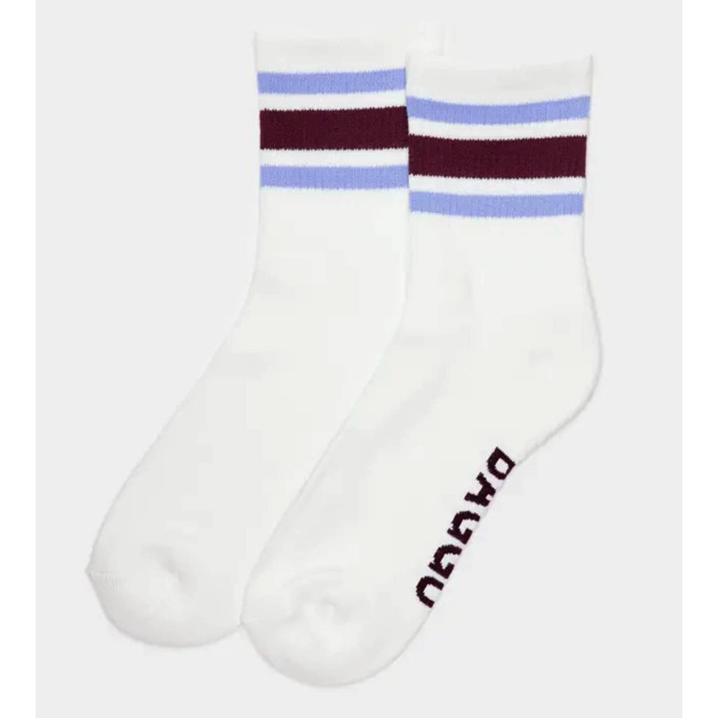 White socks with mahogany and purple horizontal stripes and 'Baggu' branding on a white background.