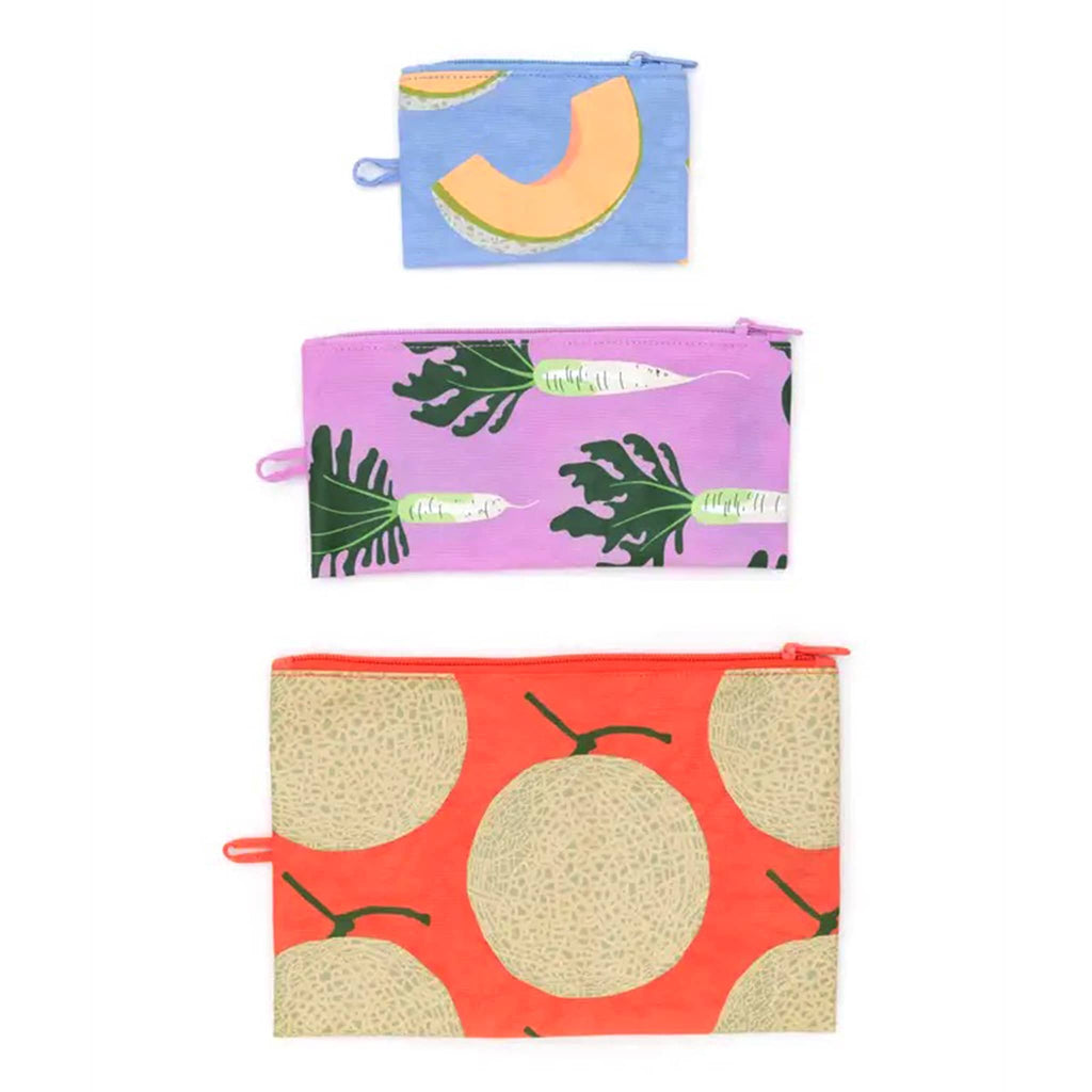 Baggu flat zipper pouch trio in Japanese Produce collection prints, flat.