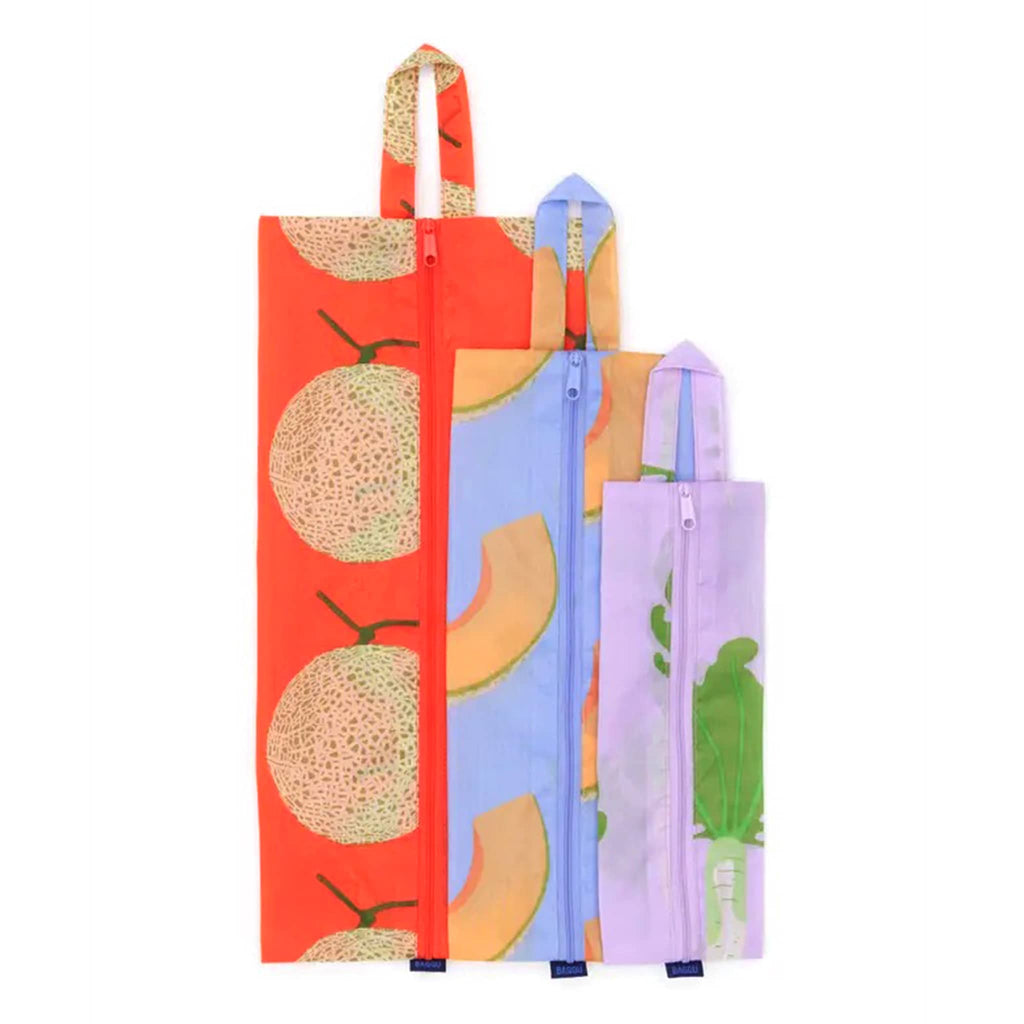 Baggu 3D zip set trio in Japanese Produce collection prints, flat.