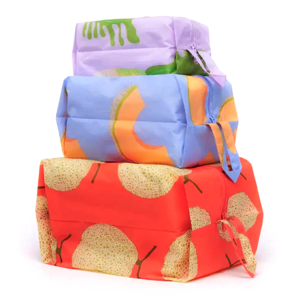 Baggu 3D zip set trio in Japanese Produce collection prints, stuffed and stacked.