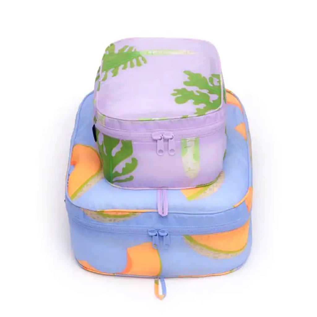 Baggu Packing Cube Set of 2 in Japanese Produce collection prints, stuffed and stacked.