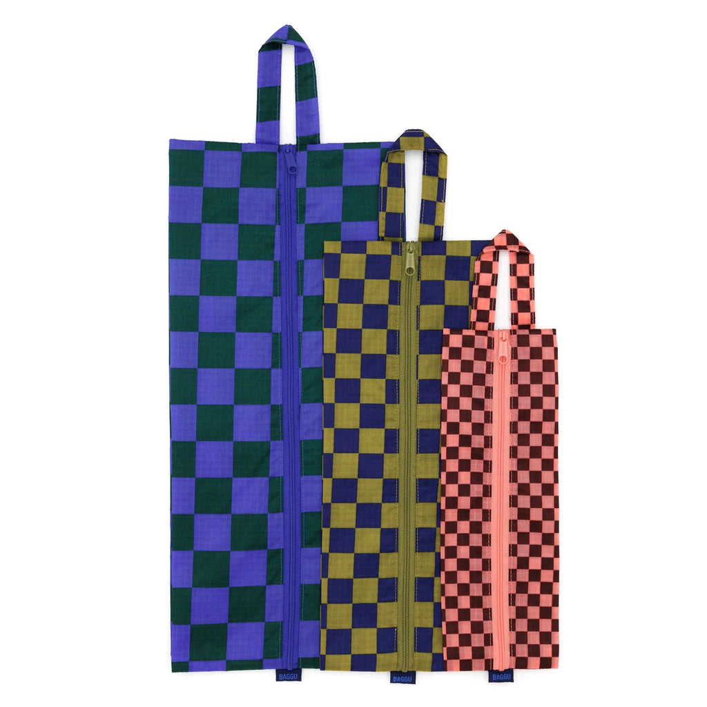 Baggu reusable recycled ripstop nylon 3D zip bags, set of 3 in Jewel Check prints, flat and stacked.