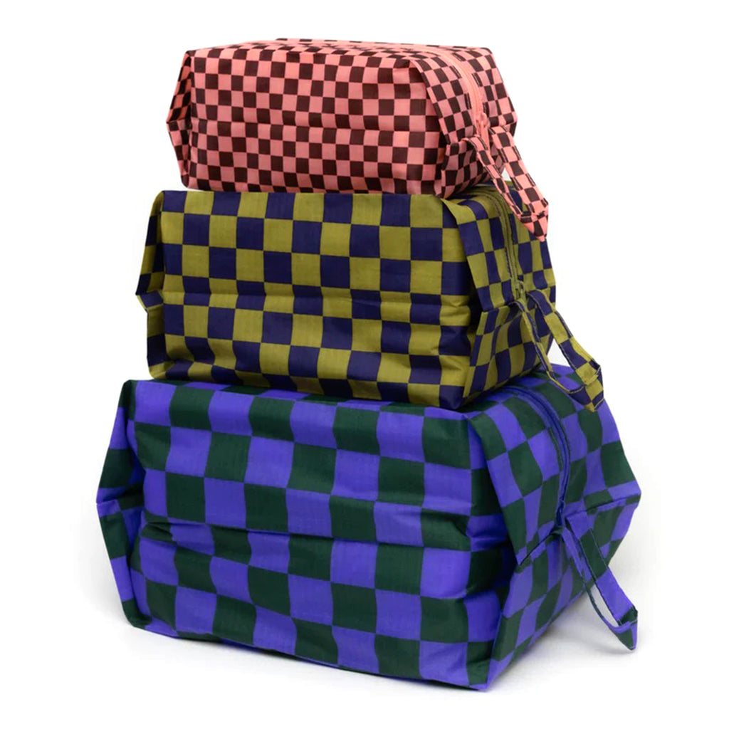 Baggu reusable recycled ripstop nylon 3D zip bags, set of 3 in Jewel Check prints, stuffed and stacked.