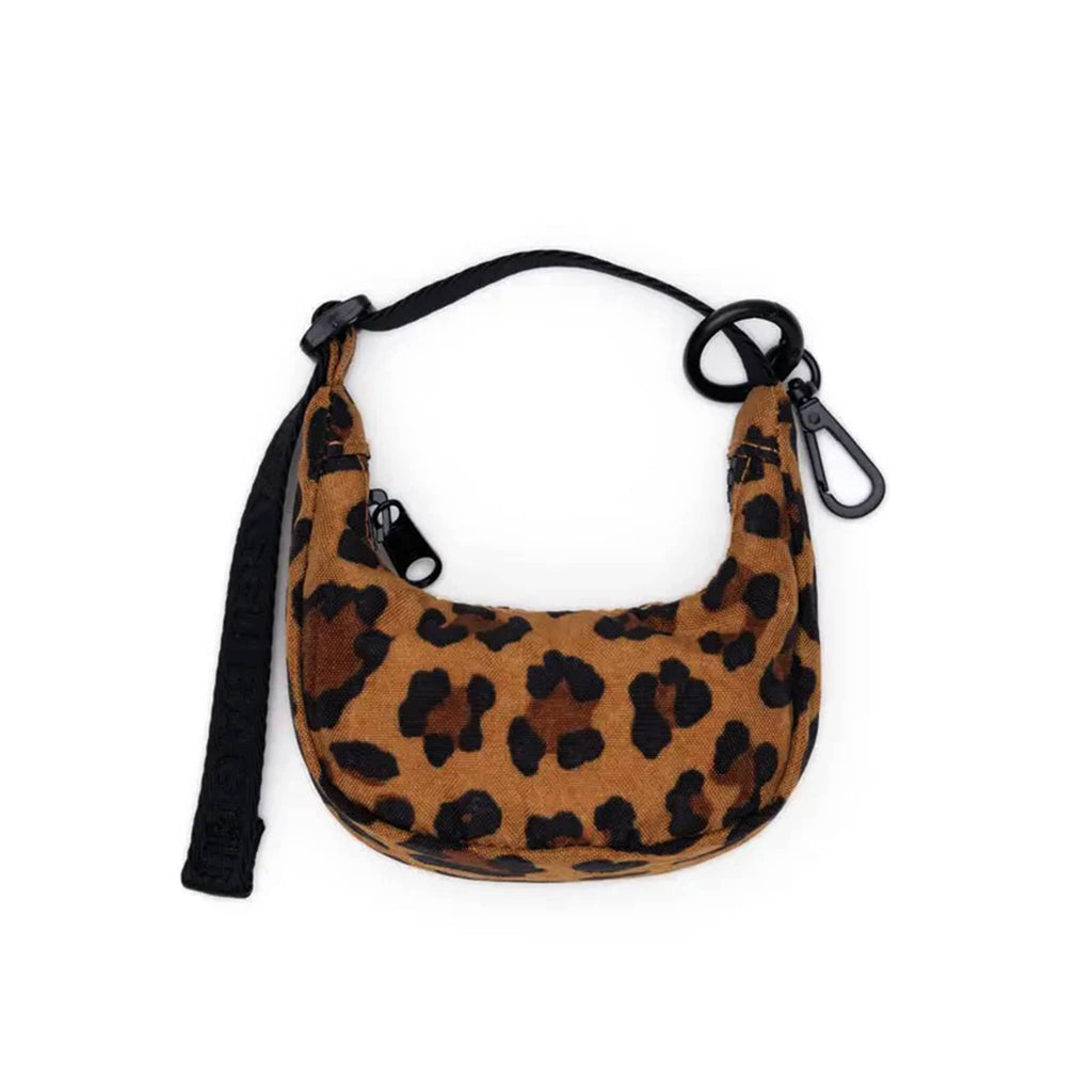 Baggu leopard print crescent bag charm with black strap on a white background.