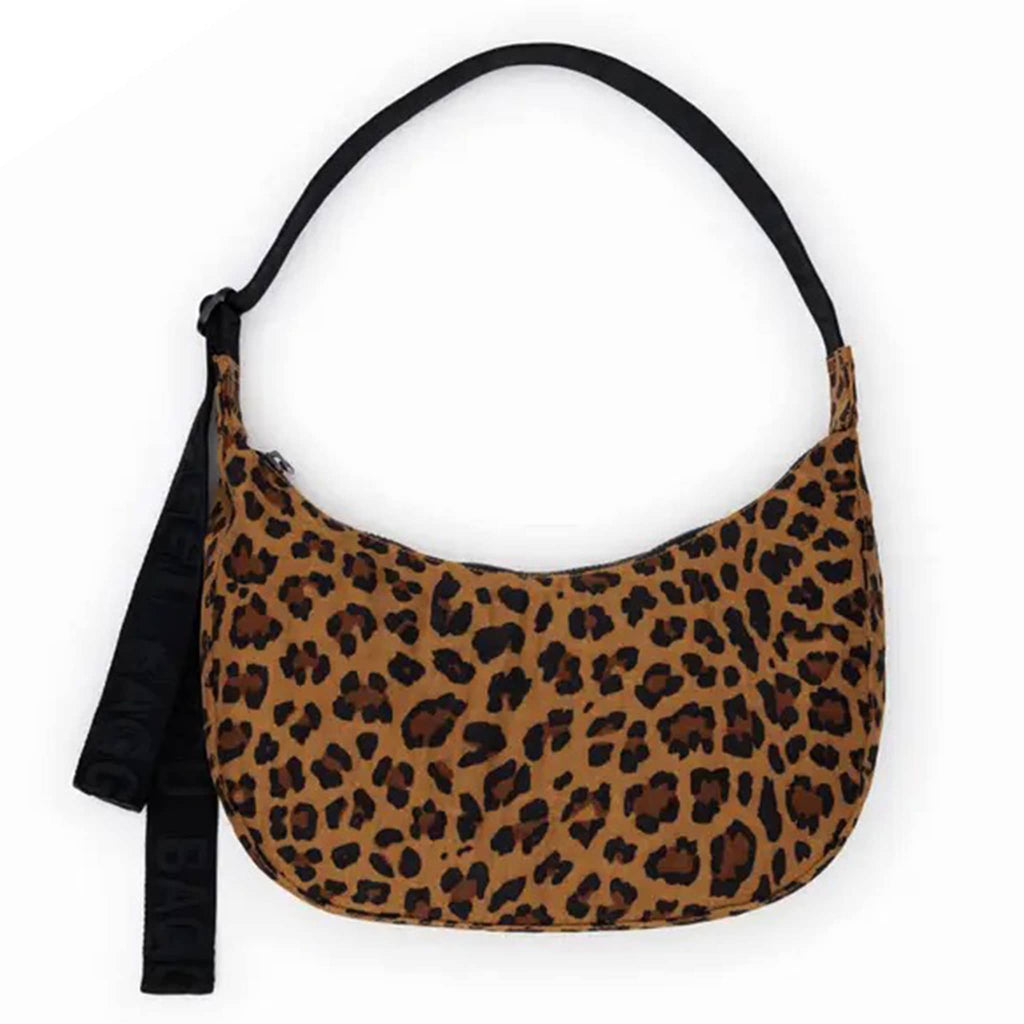 Baggu Medium Crescent Bag in Leopard, front view.