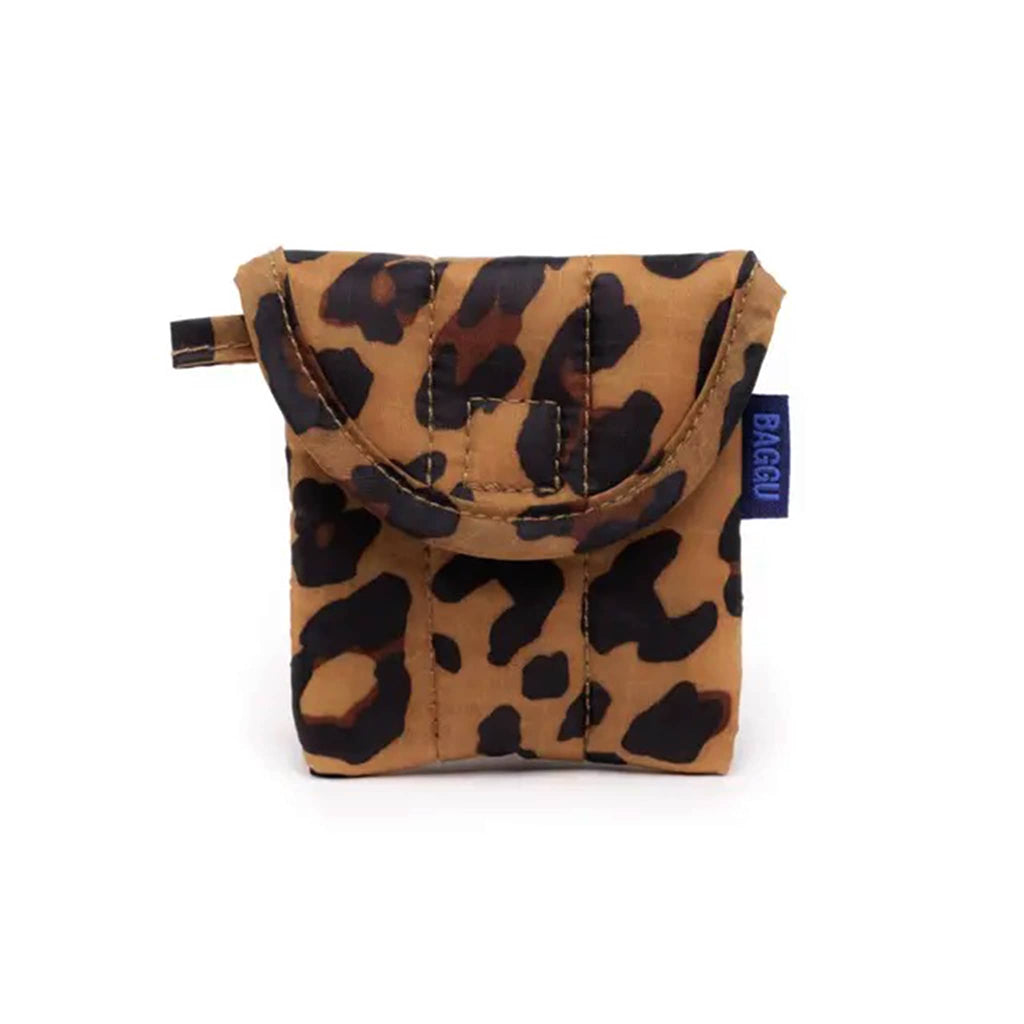 Baggu puffy earbuds case with leopard  print, front view.