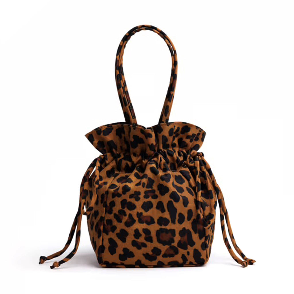 Baggu leopard print ecycled nylon drawstring bag, front view, on a white background.