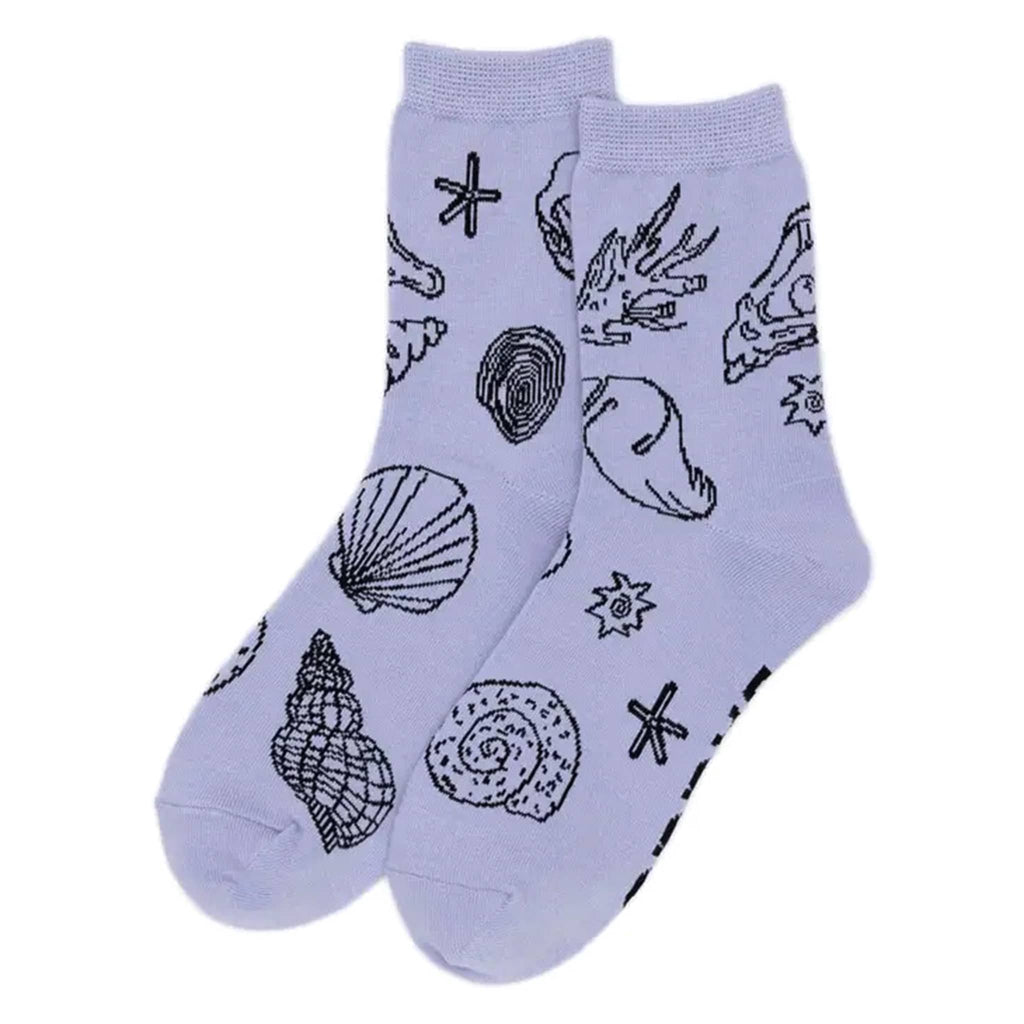 Baggu Light Blue Shells bamboo rayon unisex crew socks, flat.