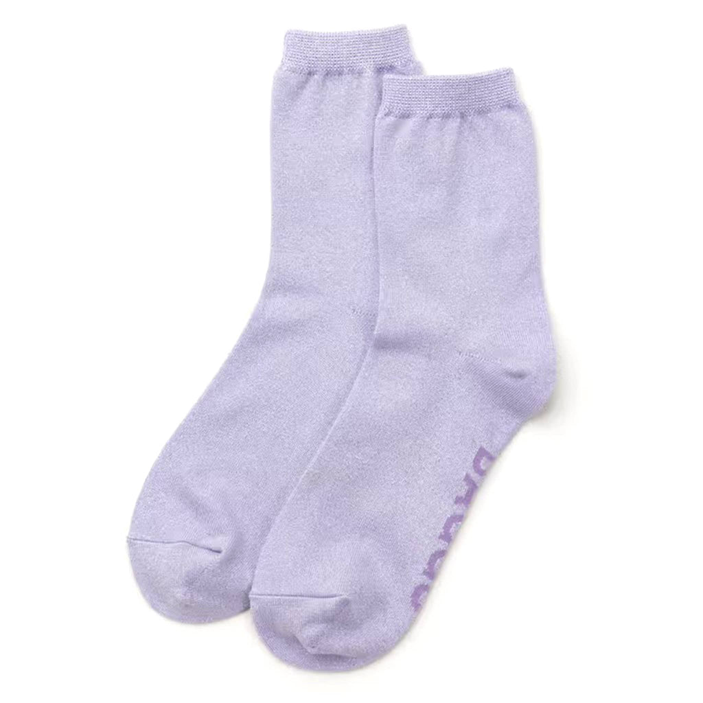 Pair of light purple metallic socks on a white background.