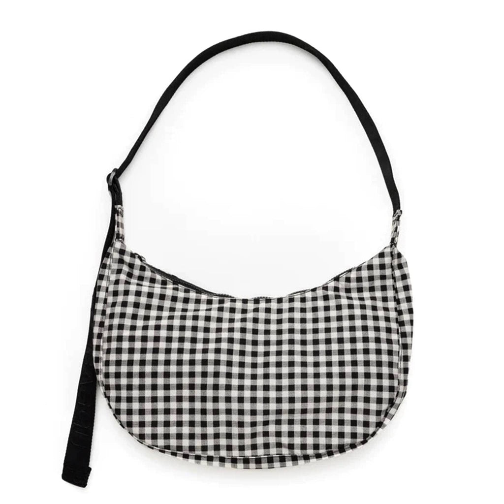 Baggu Medium Ripstop Nylon Crescent Bag in black and white gingham pattern, front view.