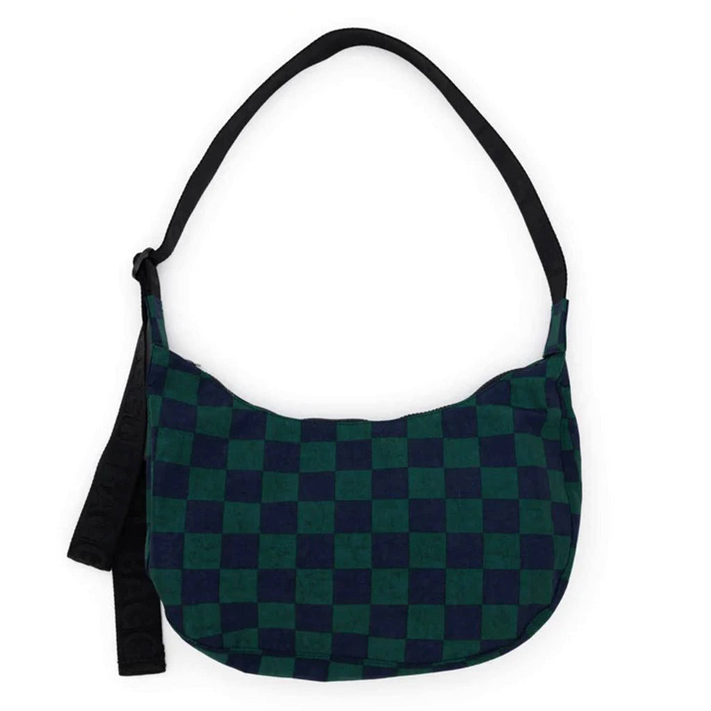 Baggu Medium Ripstop Nylon Crescent Bag in Navy Green Check with 47 inch adjustable black logo strap, front view.