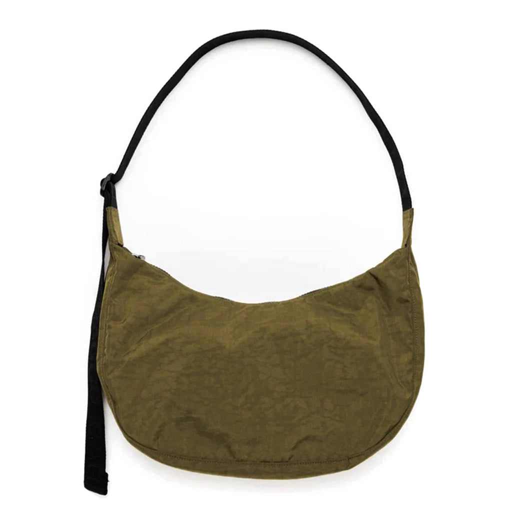 Baggu Medium Ripstop Nylon Crescent Bag in Seaweed, a khaki brown green color, front view.