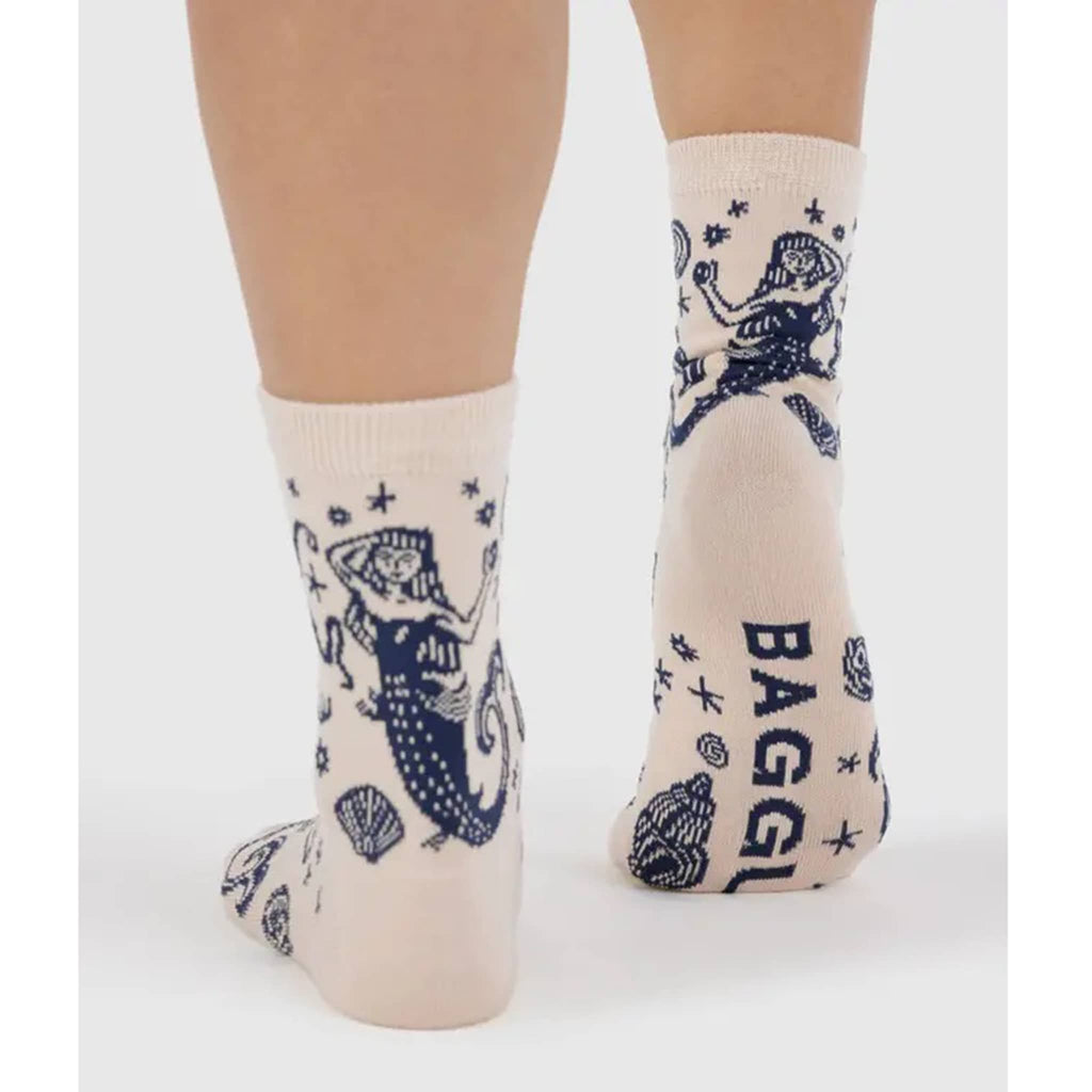Baggu Mermaid bamboo rayon unisex crew socks, back view.