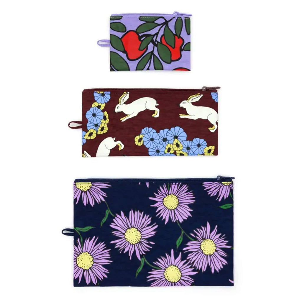 Baggu Night Orchard recycled heavyweight nylon flat zipper pouch, set of 3 in different prints.