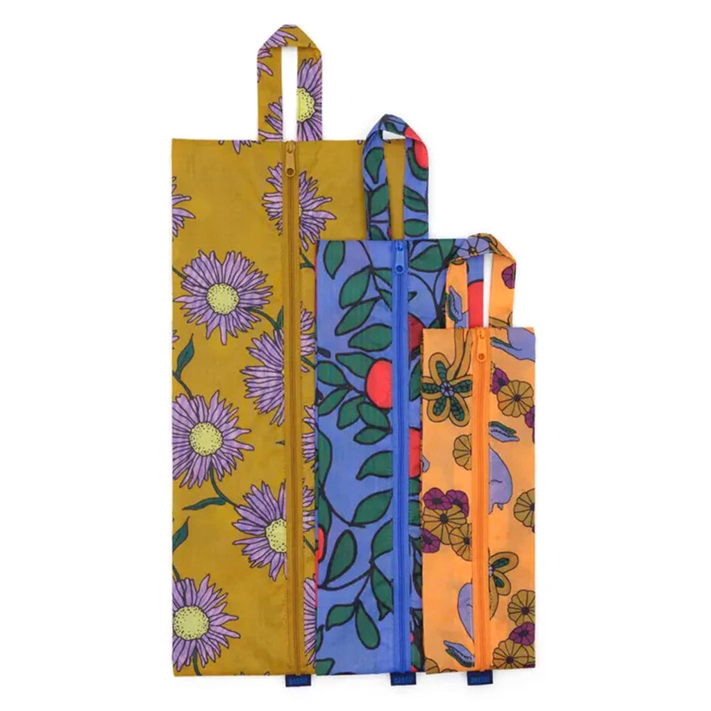 Baggu Night Orchard reusable recycled nylon 3d zip set bags, set of 3 in different prints, flat and stacked.