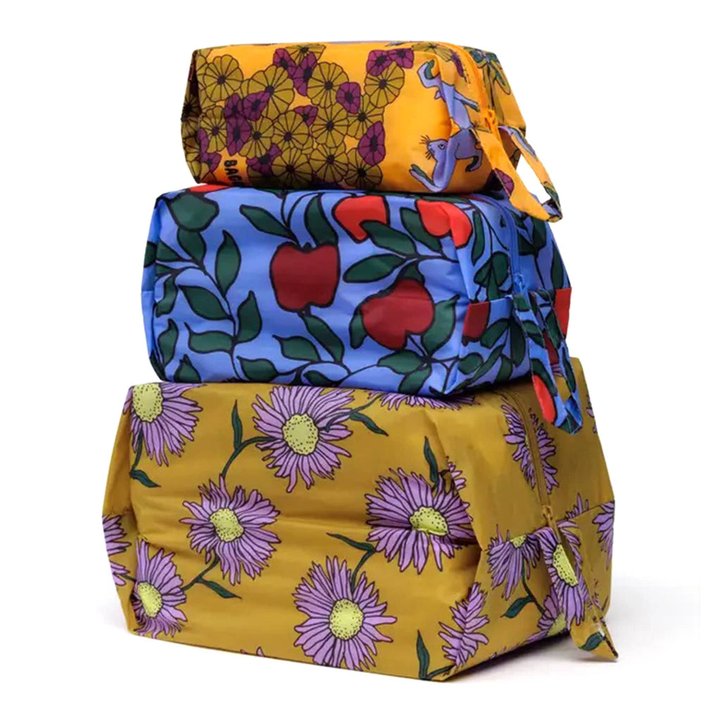 Baggu Night Orchard reusable recycled nylon 3d zip set bags, set of 3 in different prints, stuffed and stacked.