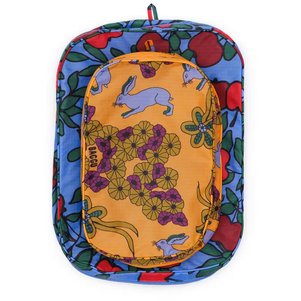 Baggu Night Orchard reusable recycled nylon packing cubes, set of two, flat and stacked.