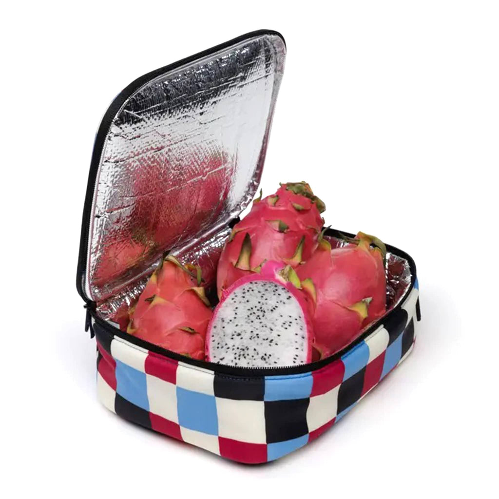 Baggu Painted Check recycled nylon puffy lunch box, front angle, open with silver insulated lining, filled with dragonfruit.