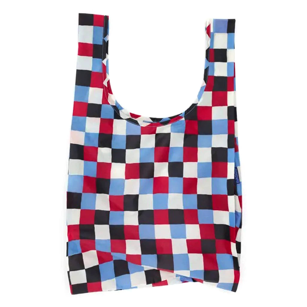 Reusable bag with a checkered pattern of red, blue, black and white on a white background.