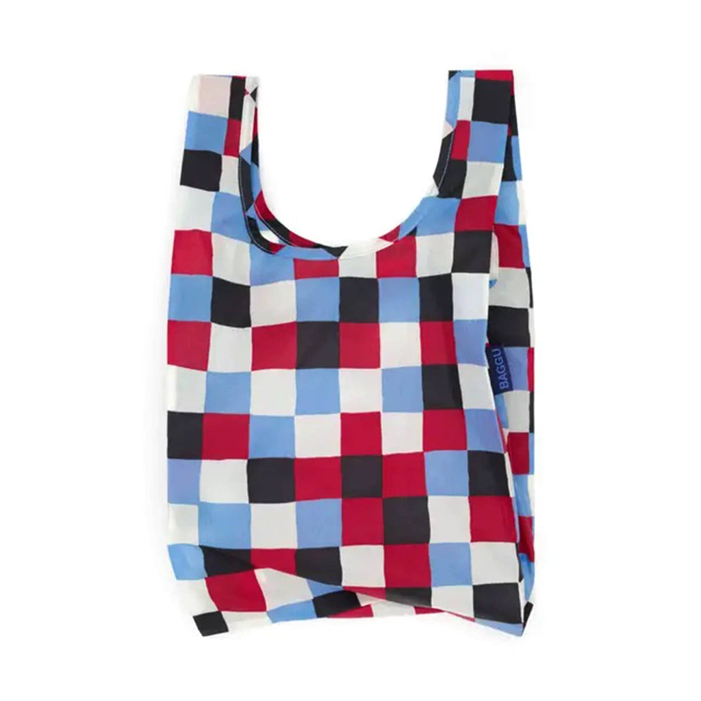 Checkered reusable bag with red, blue, white and black pattern on a white background.