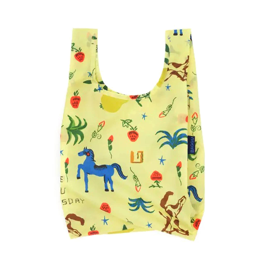 Yellow reusable bag with colorful animal patterns on a white background.