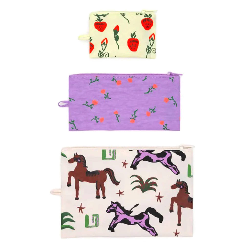 Baggu Painted Prairie recycled heavyweight nylon flat zipper pouch, set of 3 in different prints.