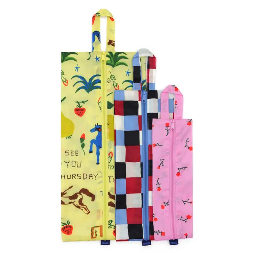 Baggu Painted Prairie reusable recycled nylon 3d zip set bags, set of 3 in different prints, flat and stacked.