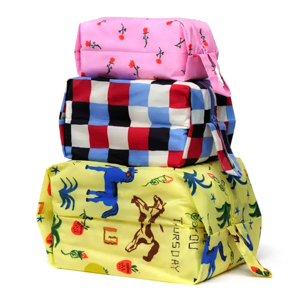 Baggu Painted Prairie reusable recycled nylon 3d zip set bags, set of 3 in different prints, stuffed and stacked.