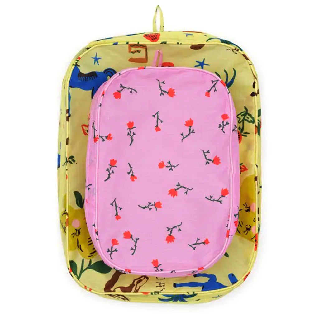 Baggu Painted Prairie reusable recycled nylon packing cubes, set of two flat and stacked.