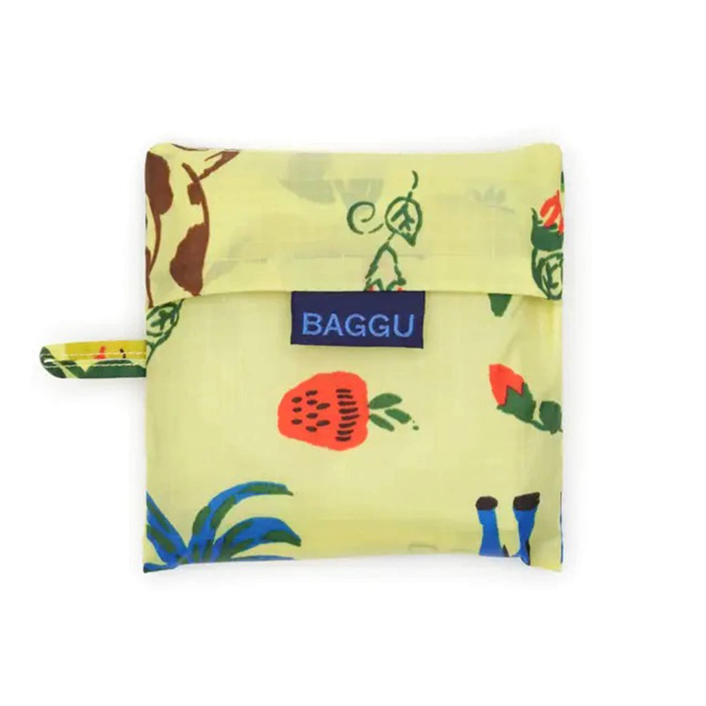 Foldable shopping bag in matching pouch with colorful design and 'BAGGU' logo on a white background.