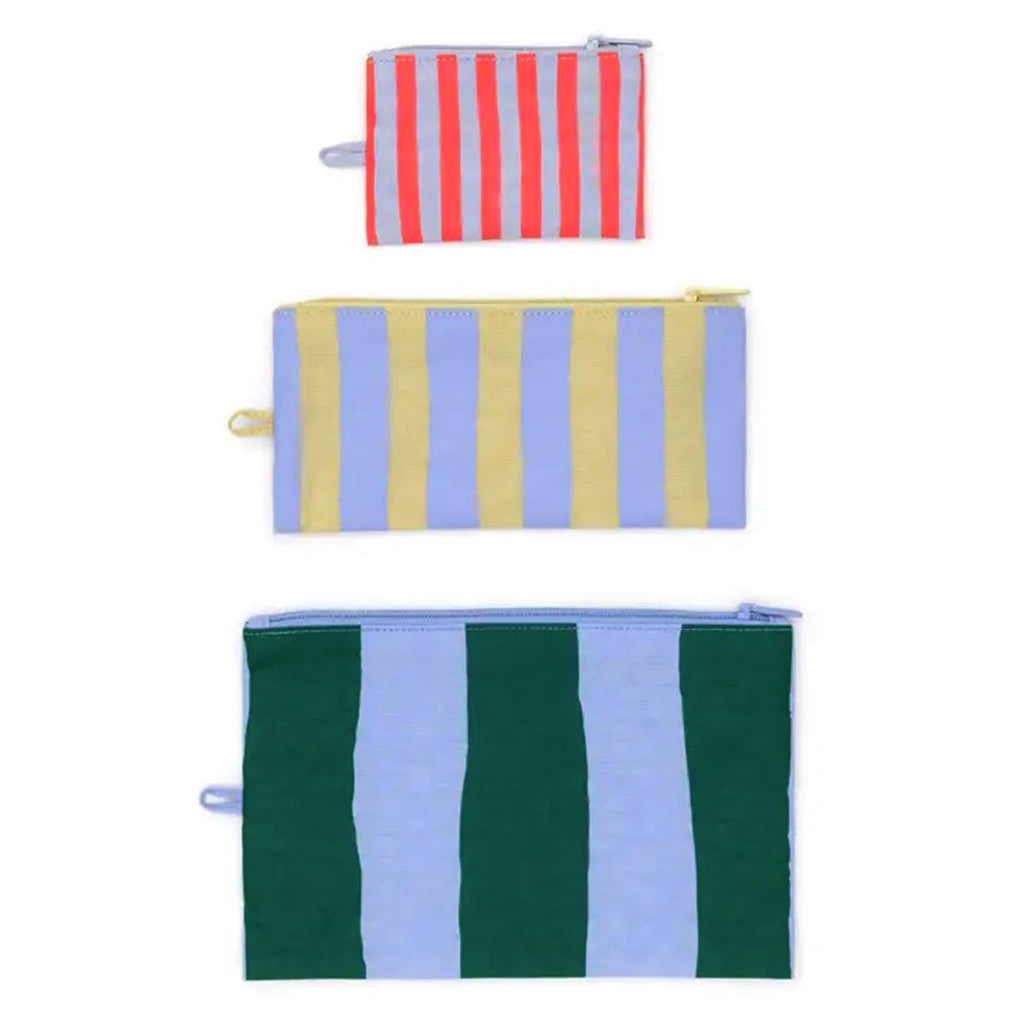 Baggu Painted Stripe recycled heavyweight nylon flat zipper pouch, set of 3 in different colored stripes.
