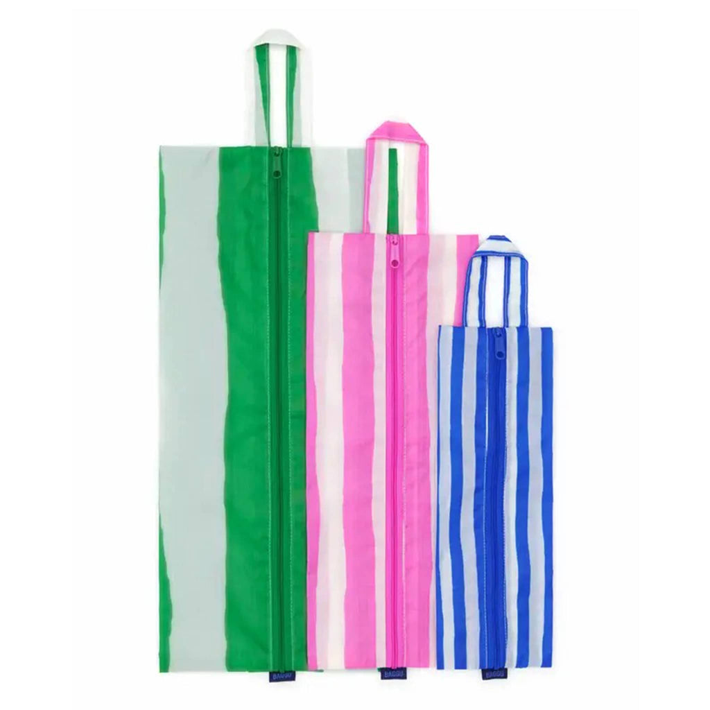 Baggu Painted Stripes reusable recycled nylon 3d zip set bags, flat and stacked.