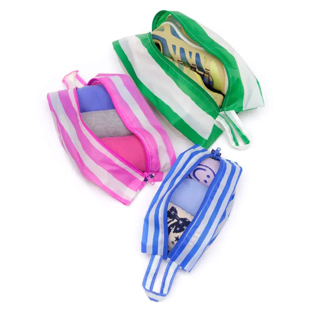Baggu Painted Stripes reusable recycled nylon 3d zip set bags, open and stuffed with shoes, t-shirts and socks.