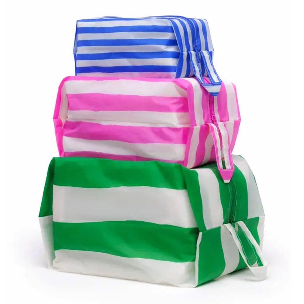 Baggu Painted Stripes reusable recycled nylon 3d zip set bags, stuffed and stacked.